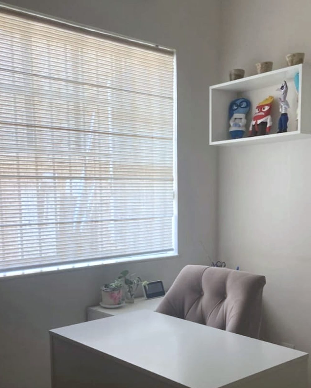 Sala de atendimento do consultório em Campinas: mesa clara, poltrona e janela com persiana de bambu